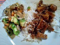 Teriyaki peanut tofu with stir fried veggies and rice recipe
